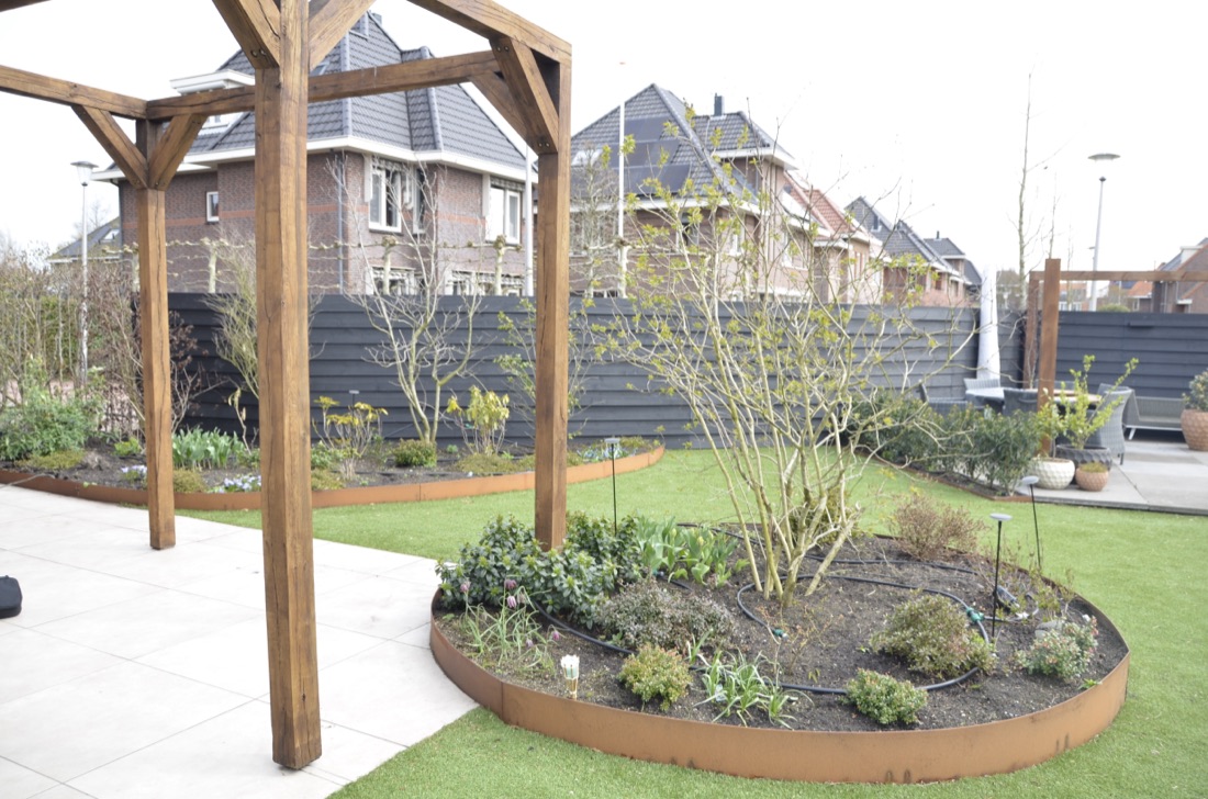 Tuinontwerp Berkel en Rodenrijs, ruime achtertuin met gazon, ronde border en pergola
